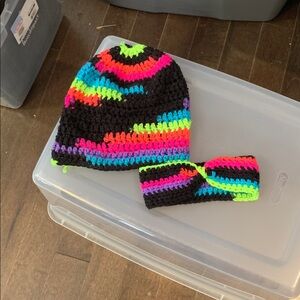 Hand knit Cotton Hat & Head Band Colourful Funky Unique Retro 80s 90s Black pink